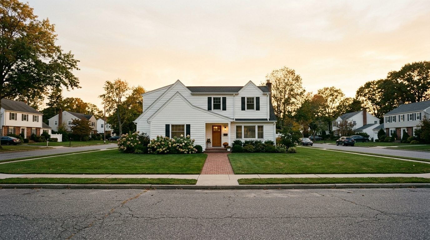 Renovated expanded cape house with white siding and black shutters on a quiet South Shore street at golden hour