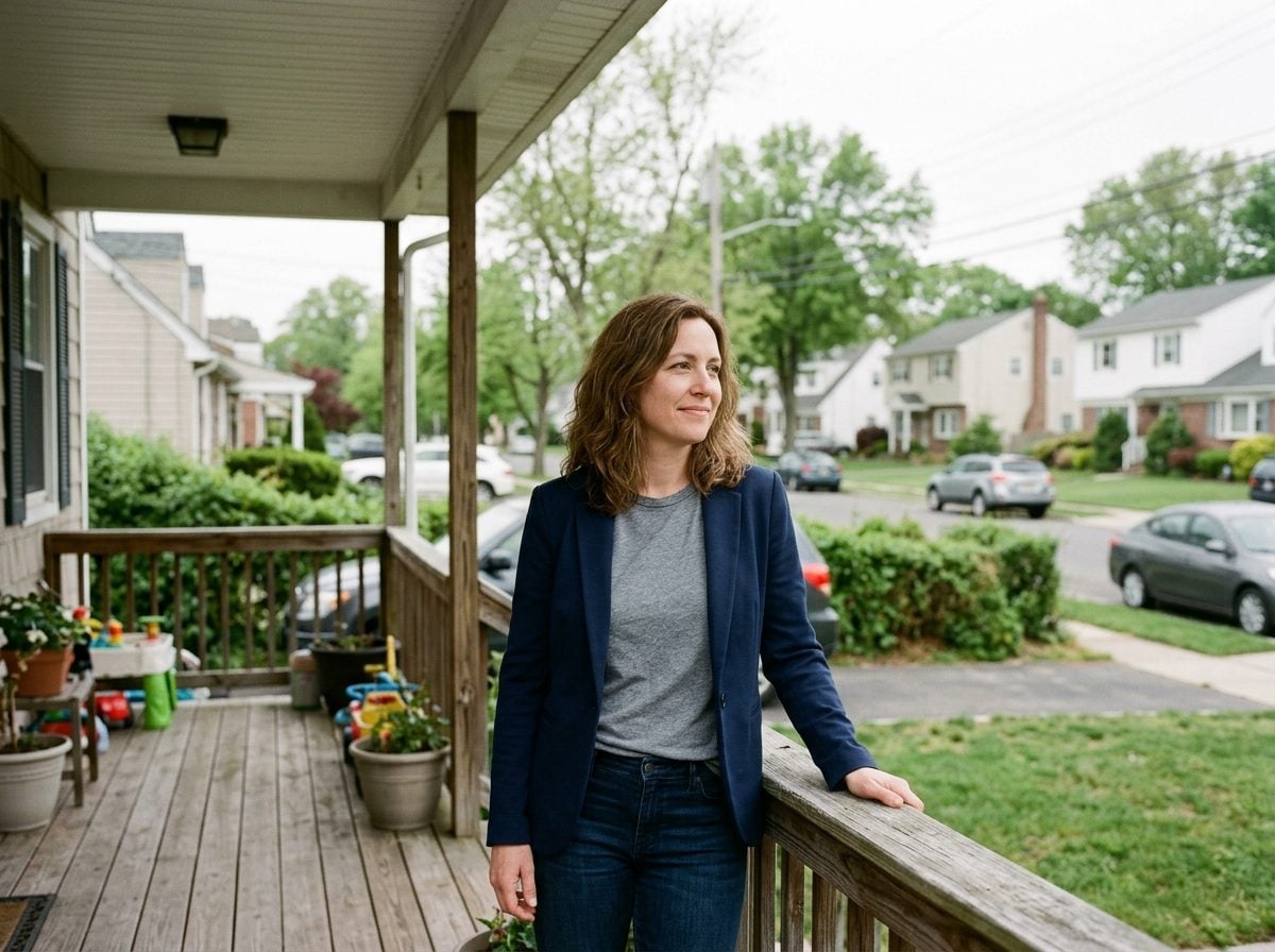 Katie Brennan on a front porch in morning light