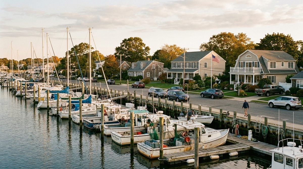 Sailboats moored in the Amityville harbor in morning light