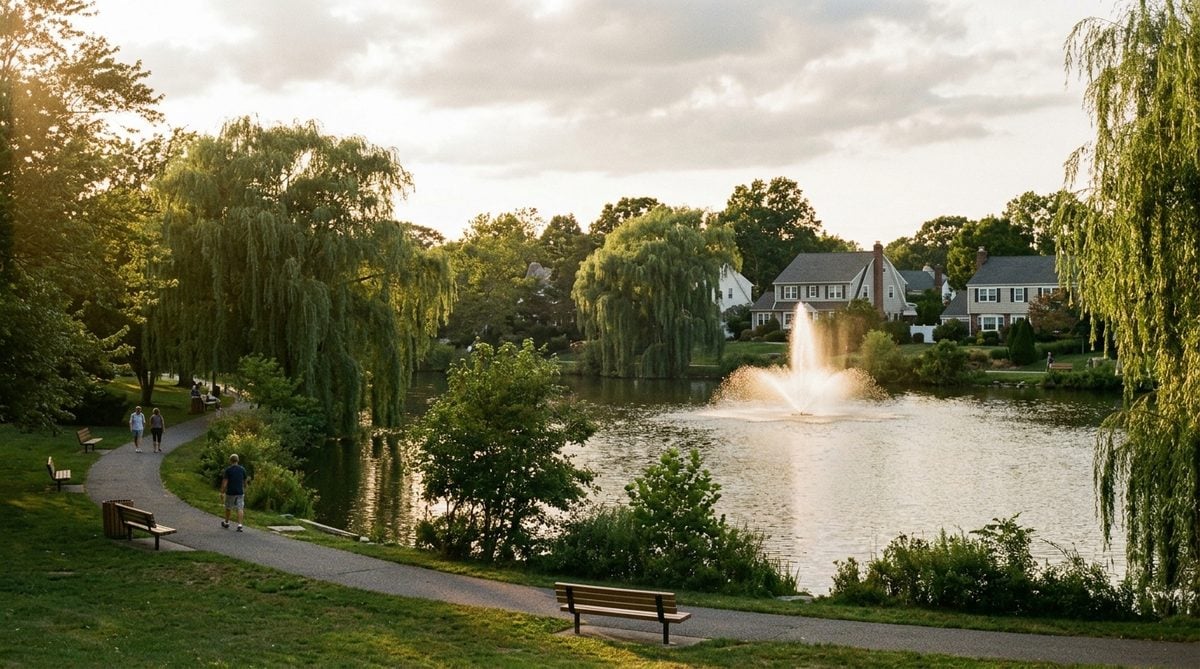 The village lake with willows and a fountain in Babylon