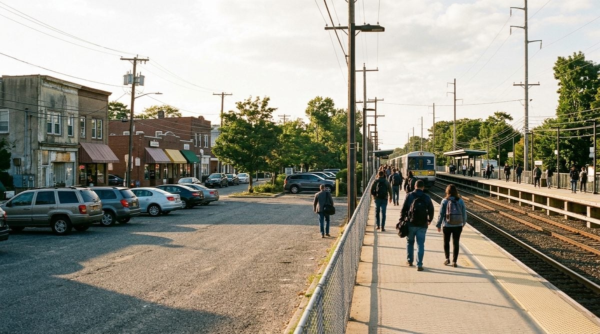 The LIRR platform at golden hour in Lindenhurst