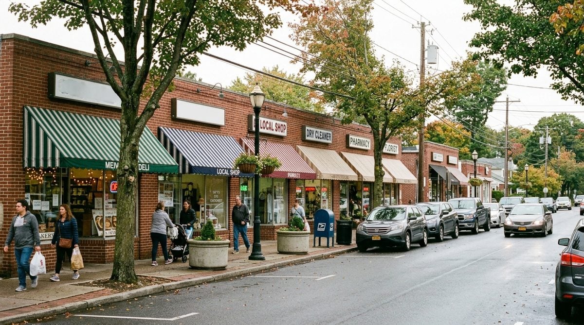 Brick storefronts with awnings along a Massapequa Park shopping street