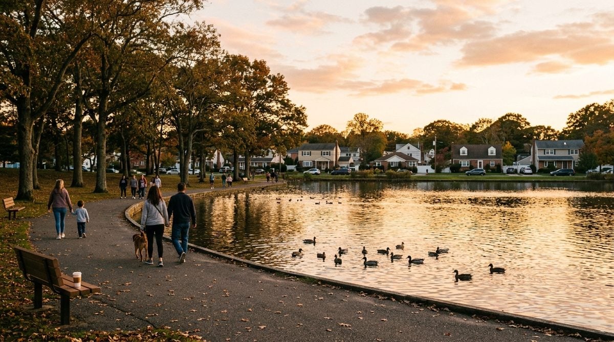 A park lake with walking paths in Massapequa at golden hour