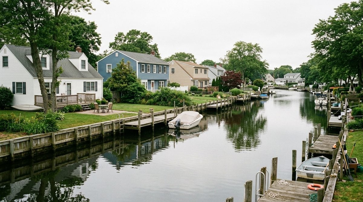 Small boat docks on a quiet residential canal in Seaford